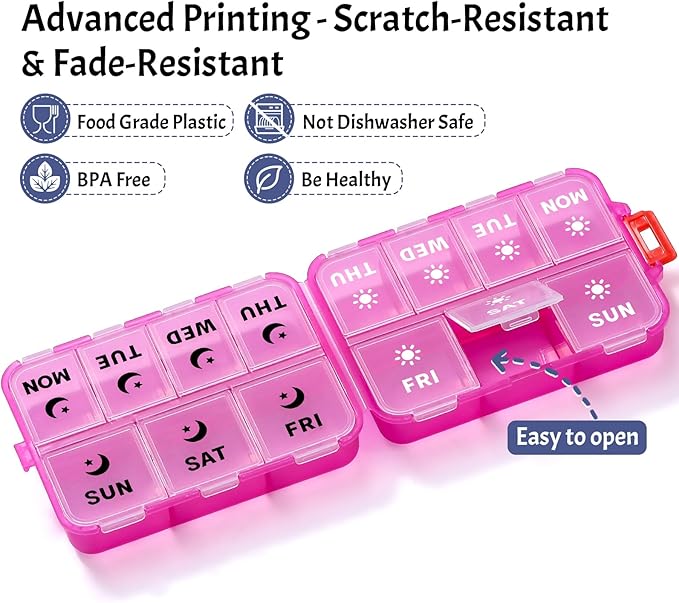 Foldable & Portable Weekly Pill Organizer 2 Times a Day with Clear Printed Labels - 7 Day AM PM Medicine Box, Week Daily Travel Pill Case Holder for Medications, Vitamin, Supplement - Clear Pink