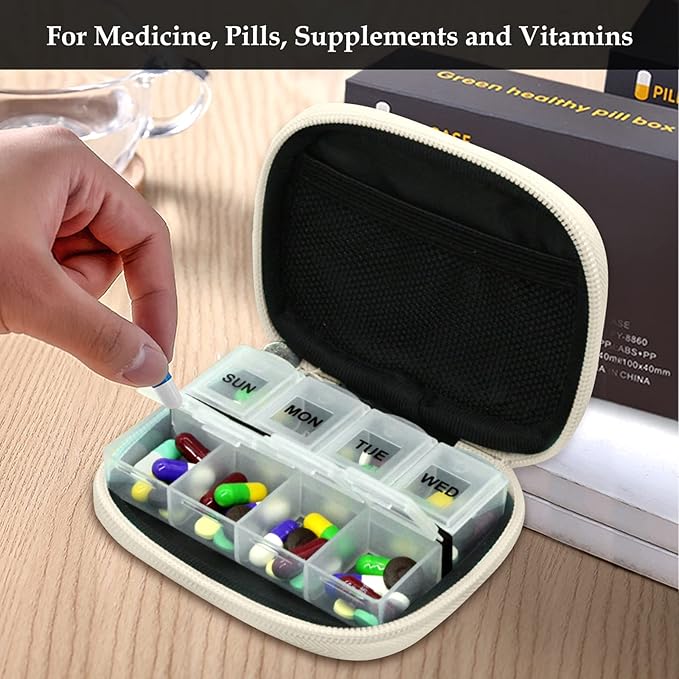 Serfeymi Weekly Travel Pill Organizer Pill Case for Purse with Removable 7 Day Pill Box, Fashionable Travel Medicine Organizer Pill Container for Medicine, Vitamin, Supplement - Black 02 + Bloom 01