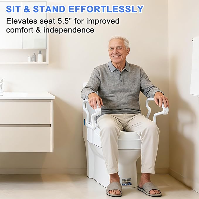 5.5 inches Raised Toilet Seat with Handles, Adjustable Height, Toilet Seat Risers for Seniors, Slip-Resistant, Supports 300lbs, Elevated Toilet Seats, Screw Lock, White