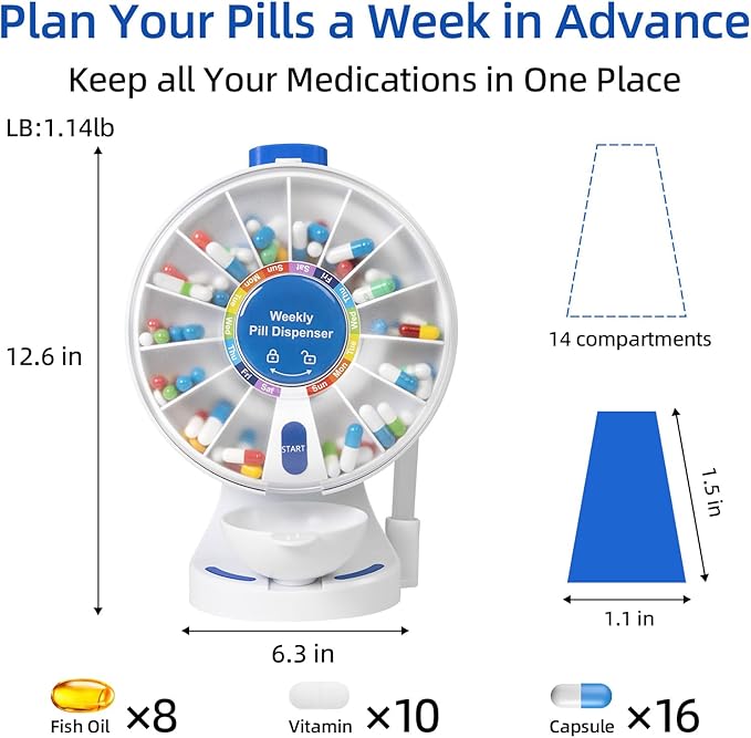 Standing Daily Pill Dispenser 14-Day Organizer - One-Touch Button with Child Lock,Weekly Pill Organizer Vitamin Medicine Case with Tweezer for Seniors, Caregivers, Adults