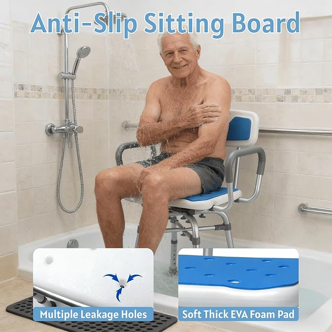 Swivel Shower Chair for Elderly and Disabled - Heavy Duty 500 lbs Shower Chair with Arms & Back for Inside Shower - 360° Rotating, Height Adjustable, Reinforced Bath Tub Bench Stool Seat