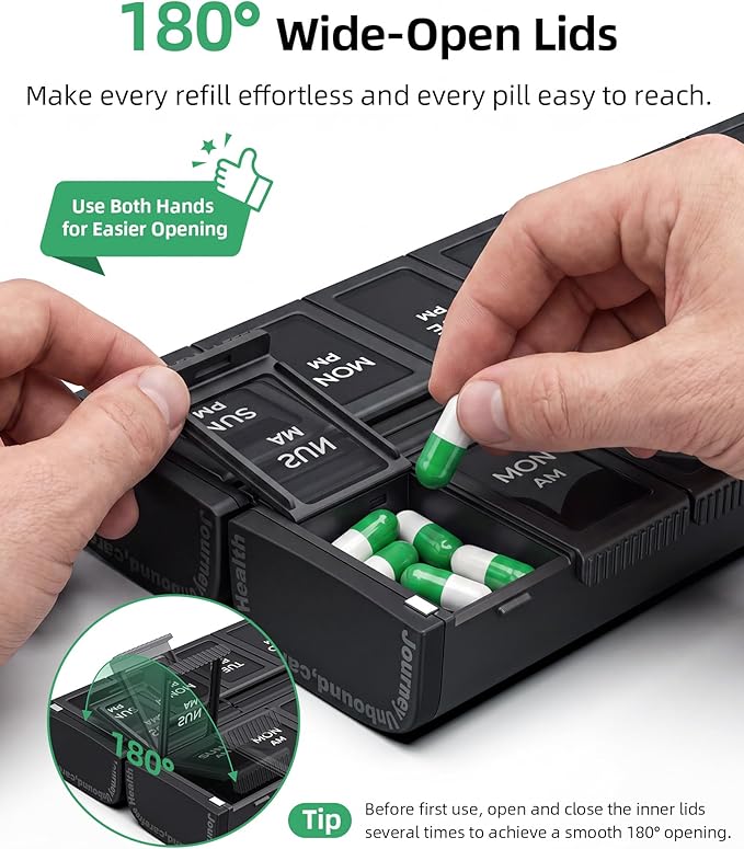 PULIV Weekly Pill Organizer 2 Times a Day with Magnetic Foldable Design for Dual Protection, Large AM PM Pill Box Case for Travel, Compact Medication Organizer for Vitamins, Fish Oils and Supplements