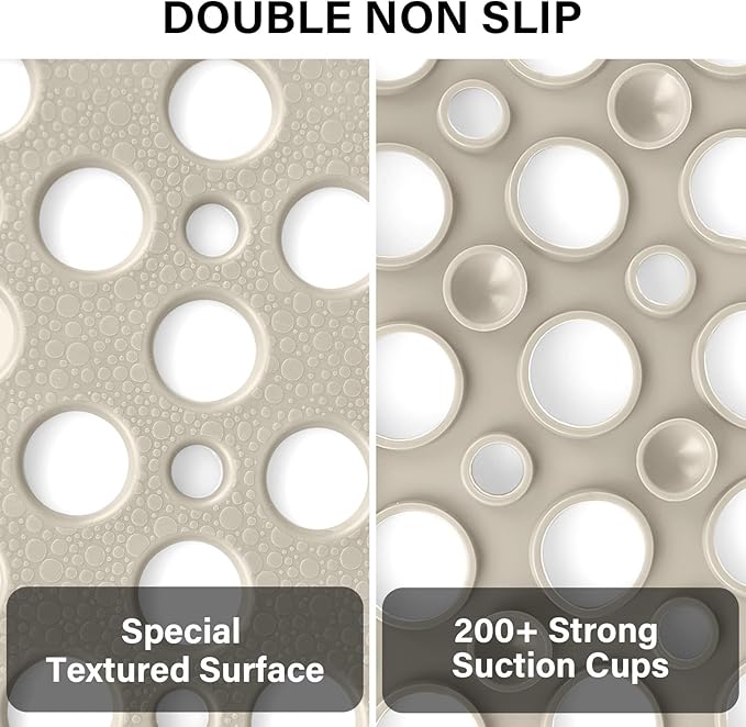 Square Shower Mat Non Slip, 27" x 27" Large Shower Mats for Inside Shower, Soft TPE Shower Floor Mat with Suction Cups and Big Drain Holes, Anti Slip Shower Stall Matt, Khaki