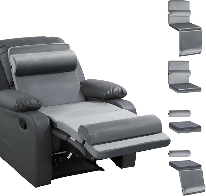 HOMBYS 5-in-1 Recliner Seat Cushion for Elderly+Lumbar Support Pillow + Leg Pad, with Adjustable Half Moon Neck Pillow & Footrest, Foam Filling with Velvet Fabric, Thick & Non-Slip, Grey