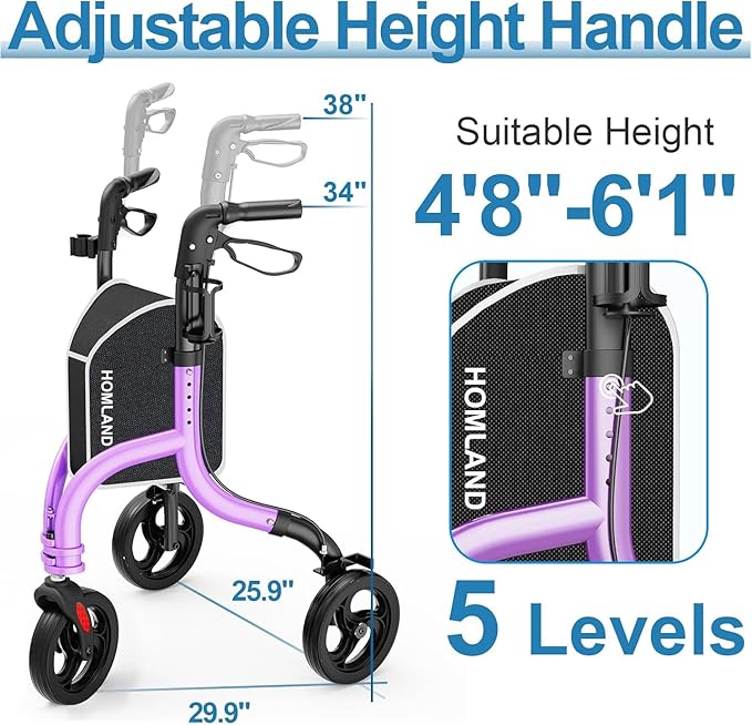 HOMLAND 3 Wheel Walkers for Seniors, Foldable Wheeled Rollator with Cane Hold and Cup Hold, Lightweight Three Wheel Rolling Walker Height Adjustable for Seniors