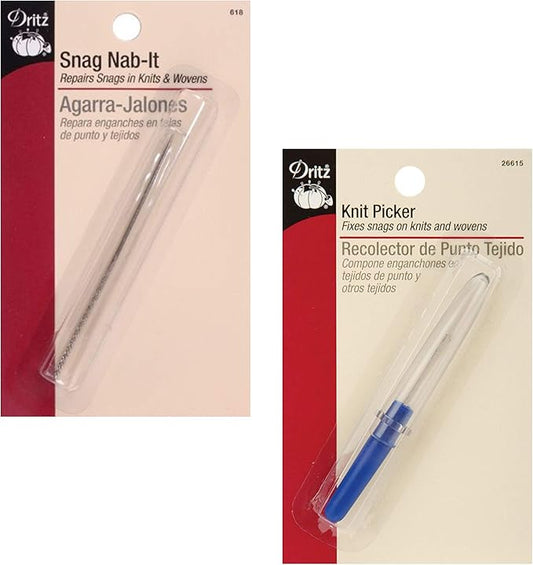 Dritz Knit Picker Deluxe - Snag Repair Tool, 2 Count, Blue, Metal, Hook Point, Sewing Tool