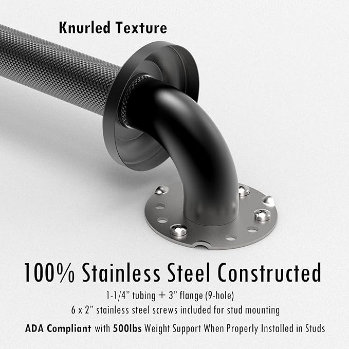 1-1/4" Knurled Grab Bar, ADA Compliant Bath Safety Shower Handrail, Bathroom Mobility Aid Handle for Seniors and Disabled, Heavy Duty 500lbs Support