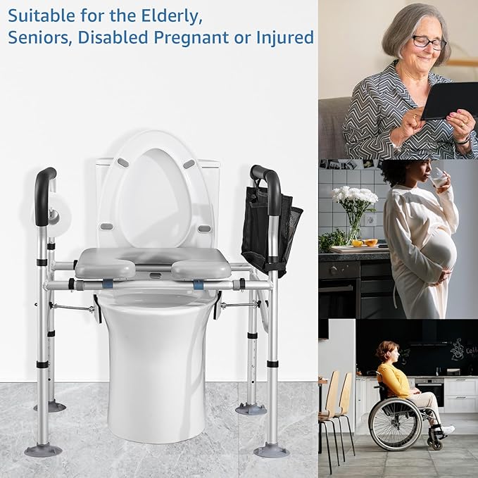 Raised Toilet Seat 400lbs, Toilet Seat Risers for Seniors, Handicap Elevated Toilet Seat with Handles & Padded Seat, Commode Chair with Adjustable Height, for Elderly, Pregnant, Fit Any Toilet