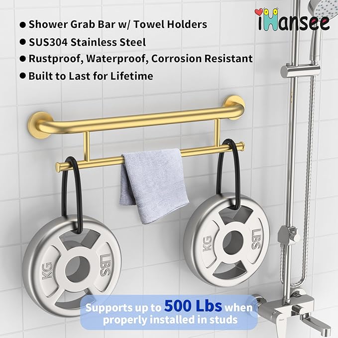 Brushed Gold Grab Bar 24 Inch w/Towel Holder, iHansee Stainless Steel Towel Rack Shower Support Balanced Support Handle, Wall Mount Safety Handrail Grab Rail for Elderly Senior Handicap Disabled
