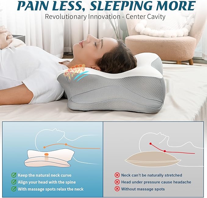 Cervical Neck Pillow for Pain Relief, Ergonomic Side Sleeper Pillow for Sleeping, Contour Orthopedic Memory Foam Pillows for Back & Stomach Sleepers with Pillowcase