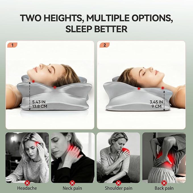 Cervical Neck Pillow for Neck Pain Relief,Ergonomic Memory Foam Contour Pillow with Wrinkle-Resistant Silky Satin Fabric Cover,Orthopedic Bed Pillow for Side,Back,Stomach Sleepers,Gray