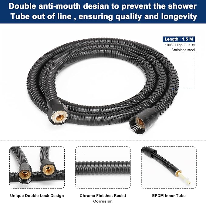 NearMoon Brass HandHeld Shower Head, Luxury High Pressure Shower Kit with Wall Connector and Hose Set, for Bathroom Showering System Contemporary Square Style (Matte Black)