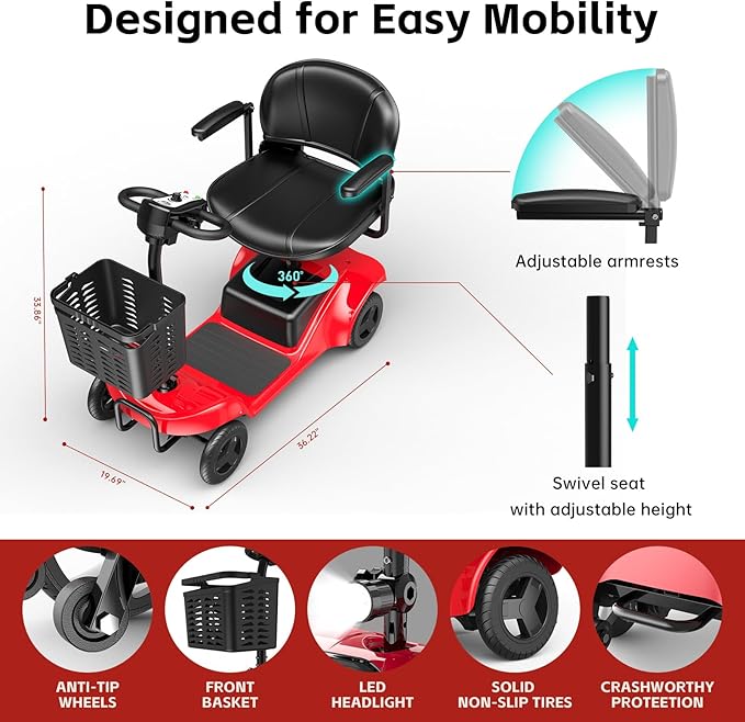 Mobility Scooter for Adults,4 Wheel Mobility Scooter,28 Miles Range,300LBS Capacity,Lightweight and Portable,with LED Headlights and Basket,Charger Included,Gifts Suitable for Elders,red