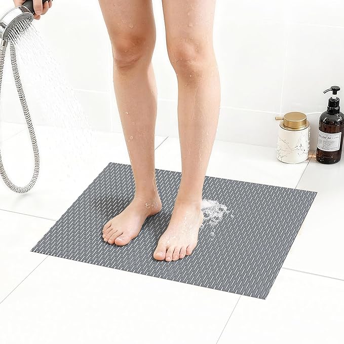 Extra Large Non-Slip Shower Mat, Fast-Dry PVC Bath Stall & Tub Mat, Drain-Hole Design,for Shower Stall Tub for Elderly/Kids，Non Slip Bathroom Safety Accessory，Gray 16"x24"