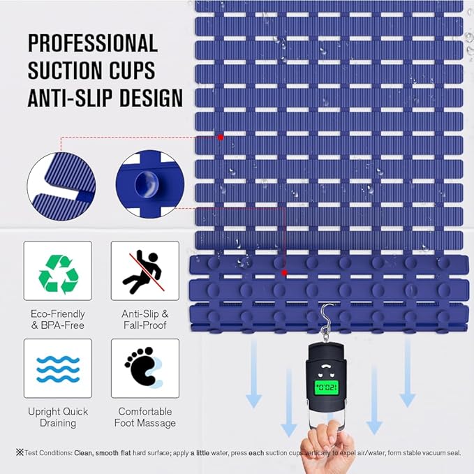 MBOSS Bath Tub Shower Mat Non Slip Bathtub Mats for Bathroom Shower Floor Mat Bath Mats for Shower Tub Anti Slip Shower Mat with Drain Hole and Large Suction Cups(Deep Blue, 27.5 X 15.7 Inch)