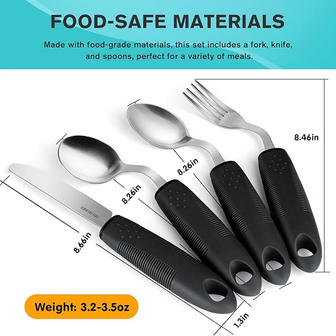 AuntyFey 4Pcs Weighted Adaptive Utensils, 45°Angled Parkinsons Utensils for Elderly, Weighted Utensils for Hand Tremors, 3.5oz Weighted Built Up Utensils for Parkinson, Disabled, Black, Right-Handed