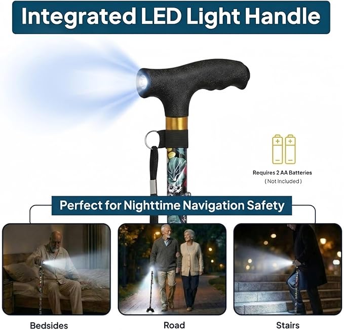 Walking Cane with LED Light, Foldable,Adjustable, Self Standing Walking Canes for Men & Women,Walking Sticks with Quad Base for Seniors & Adults