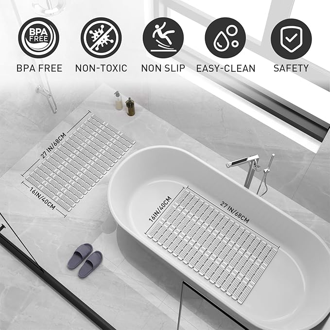 XIYUNTE Shower Mat Non Slip Bath Mat for Tub - 27 X 16 Inch TPE Bathtub Mat Non Slip Shower Mats for Inside Shower, Bath Tub Mat with Powerful Suction Cup, Easy to Cut and Dry, Grey