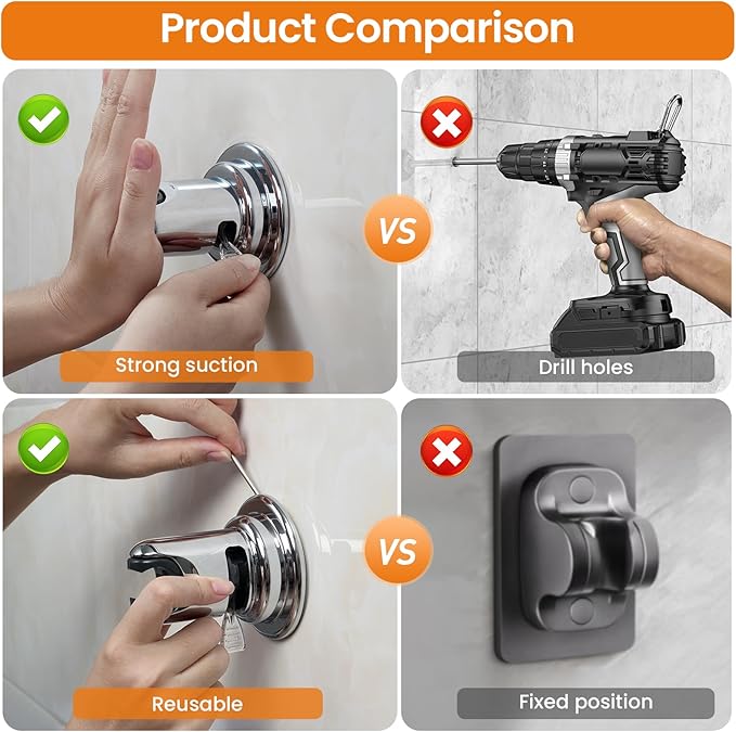 Strong Suction Cup Shower Head Holder - No Drill Handheld Shower Bracket for Seniors, Kids & Pets, Tool-Free Adjustable Height Bathing Aid for Tile/Glass, Rustproof ABS Construction