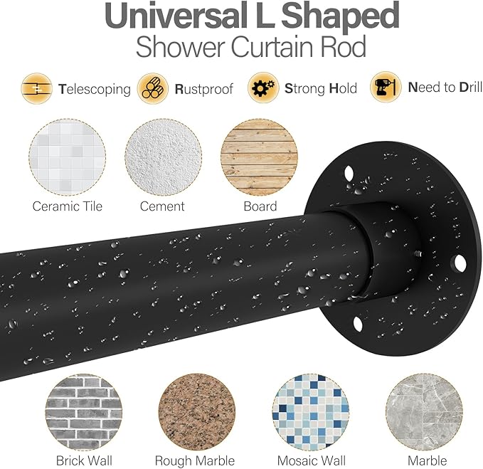 L Shaped Corner Shower Curtain Rod, 39" - 69" x 55" - 85" Adjustable 90 Degree Curved Bathroom Rod Square Rail No Sag with 12 Hooks & Ceiling Support - Black