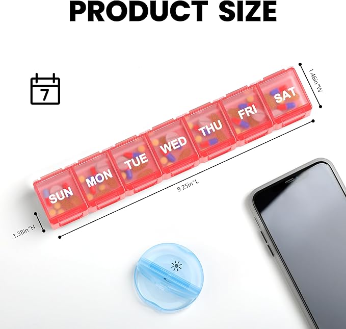 Sukuos Extra Large Weekly Pill Organizer, 7 Day Daily Pill Box Case Arthritis Friendly, Silkscreen Printed Medicine Container with Clear Lid for Vitamins, Fish Oils or Supplements (Pink)