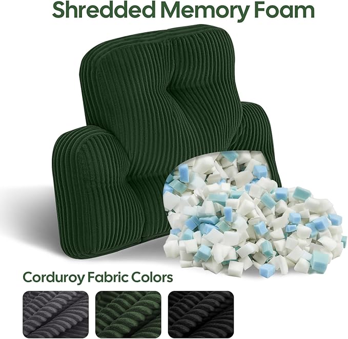 Lumbar Support Pillow for Recliner, Large Back Support Pillow for Office Chair, Tufted Corduroy Back Cushion for Elderly, Lower Back Pain Relief, Ideal for Sofa & Couch, Green
