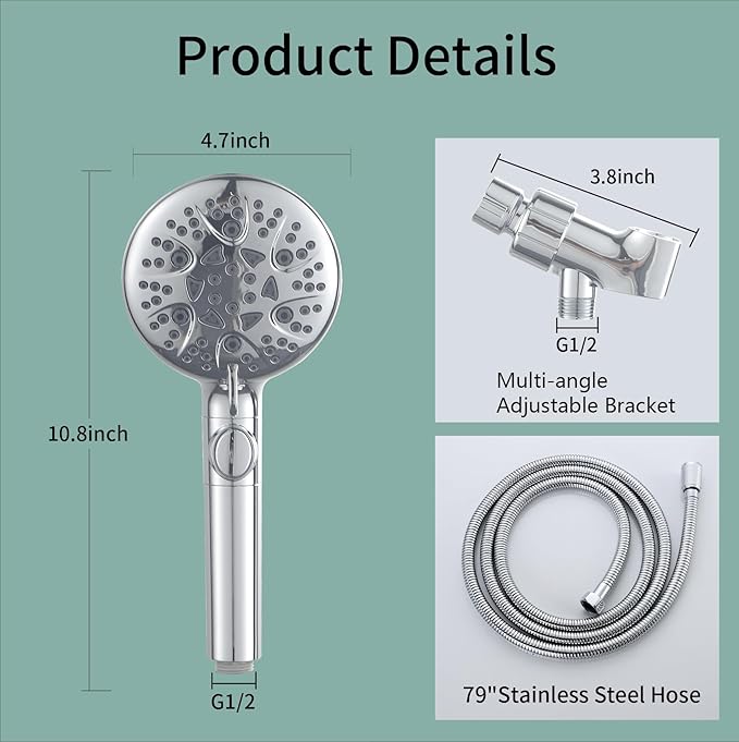 Handheld Shower Heads with ON OFF Switch,Extra Long 79-inch Hose 8 Spray Settings High Pressure Detachable Showerhead,Built-in Power Sprayer to Clean Pets, Adjustable Angle Bracket,Silver