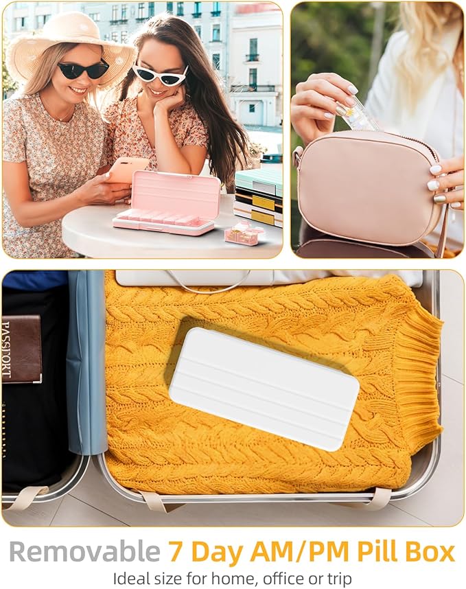 AM PM Pill Organizer 2 Times A Day, 7 Day Pill Box Weekly Pill Organizer Travel with Separate Container, Portable Daily Medicine Planner Dispenser Case for Vitamin, Fish Oils, Supplements（Beige）