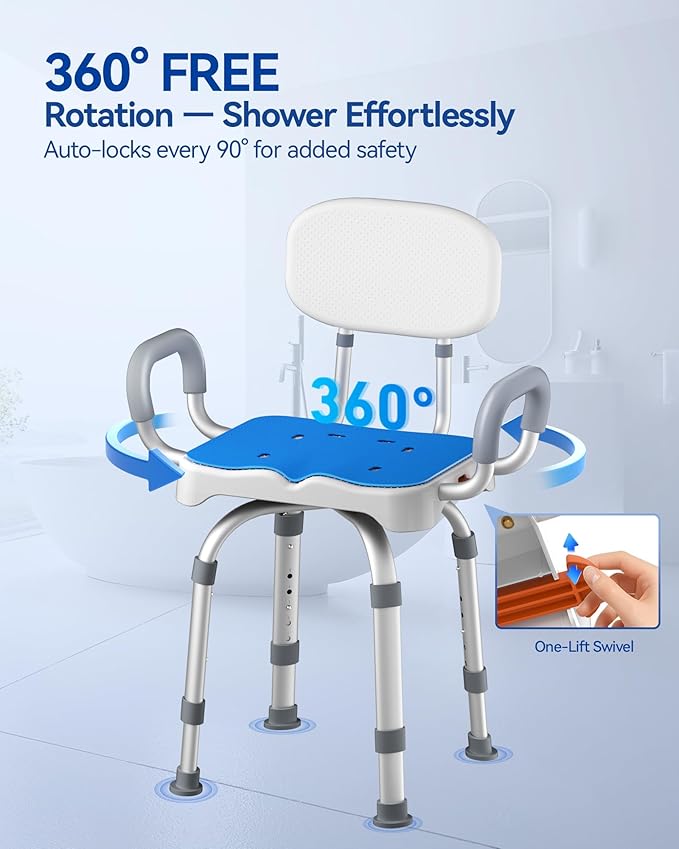 KingPavonini Swivel Shower Chair with Arms and Back, 550 lbs Heavy-Duty Shower Chair for Inside Shower Stall and Tub, Anti-Slip M-Shaped Seat & Height Adjustable Shower Seat for Elderly and Disabled