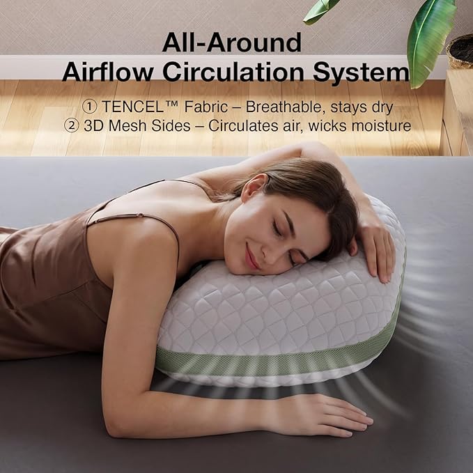 Novilla Tencel Side Sleeper Pillow for Neck and Shoulder Pain, Curved Crescent Design with Adjustable Shredded Memory Foam, Silk-Like Soft Cover for Face & Hair Care, Queen