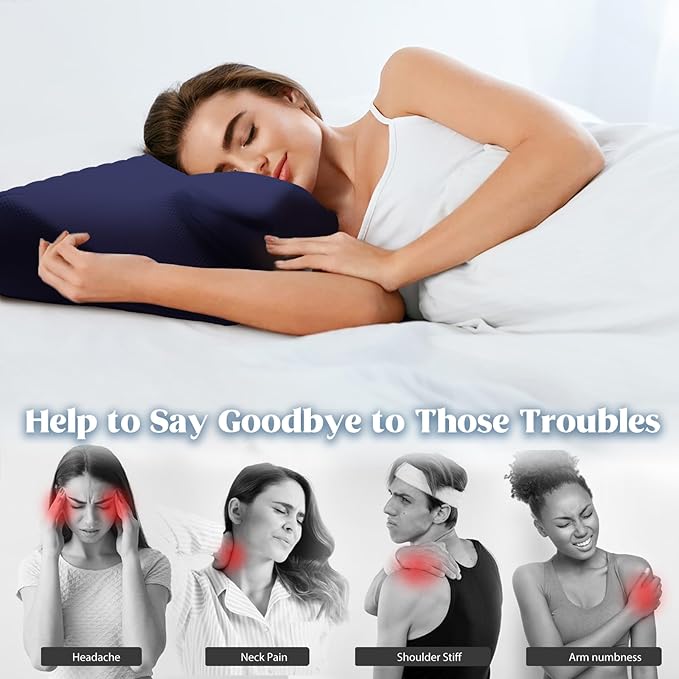 Cervical Pillow for Neck Pain Relief, Cooling Contour Memory Foam Pillows Support Odorless Ergonomic Neck Pillow Adjustable Orthopedic Bed Pillow for Side Back Stomach Sleeper,Modern Navy
