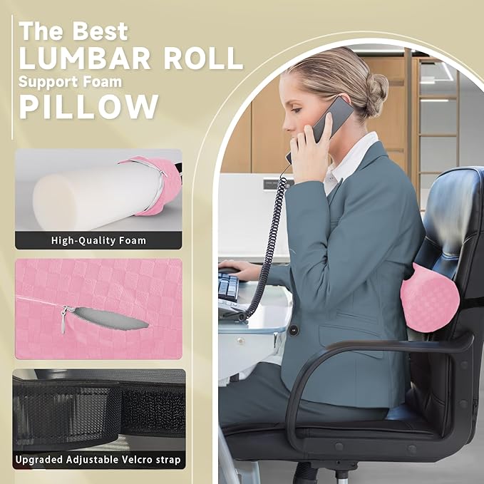 Lumbar Roll Pillow for Lower Back, Lumbar Support Foam Roll Cushion with Pillowcase and Upgraded Strap for Office, Chair, Car, Seat Pain Relief & Improving Posture (Light Pink, Short-11 * 4.3'')