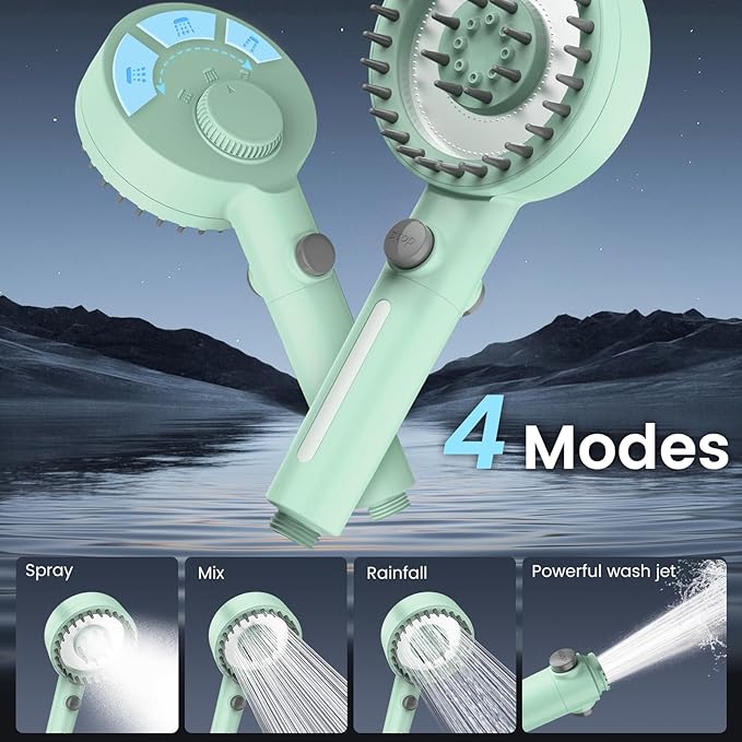 PWERAN Filtered Shower Head with Handheld, High Pressure 4 Spray Mode Showerhead with Filters, Water Softener Beads for Hard Water with ON/OFF Switch for Pets - Remove Chlorine (Green, 5 Inch Panel)
