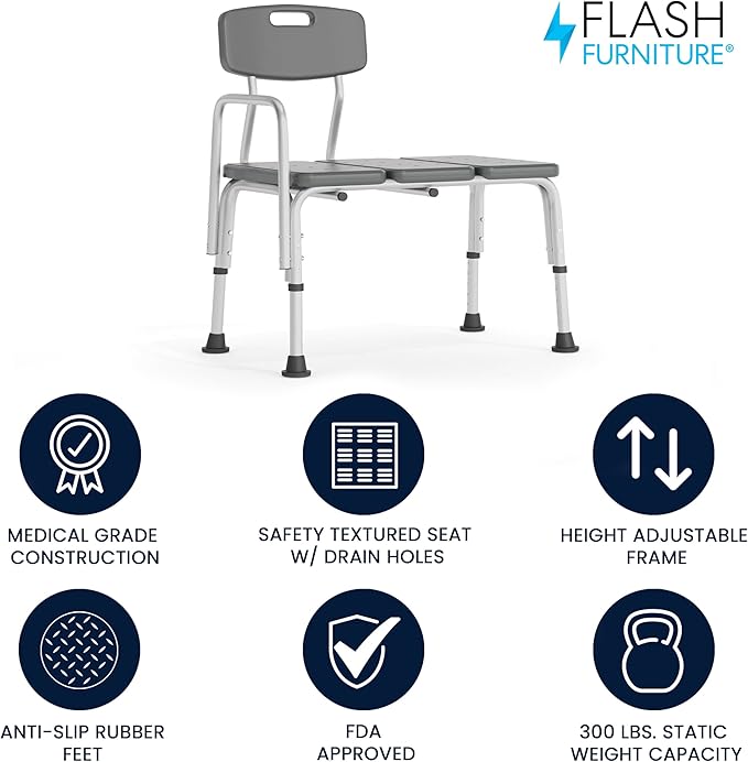 Flash Furniture HERCULES Series 300 Lb. Capacity Adjustable Gray Bath & Shower Transfer Bench with Back and Side Arm