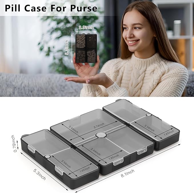FYY Daily Pill Organizer,2 Pcs 7 Compartments Portable Pill Case Travel Pill Organizer,[Folding Design] Pill Box for Purse Pocket to Hold Vitamins,Cod Liver Oil,Supplements and Medication-Clear Black