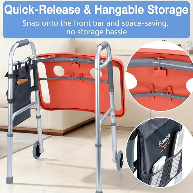 Walker Tray for Seniors with Dual Cup Holders, Side Pouch and Non-Slip Pad, Lightweight Durable Food & Drink Table, Compatible with Walker of 10210-1 Model (Red)