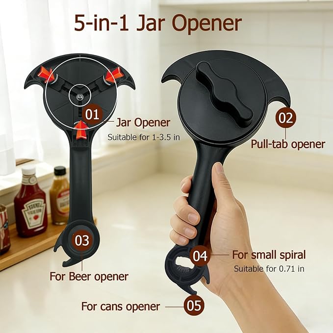 5-in-1 Jar Opener for Seniors,Adjustable Jar Opener with Magnetic Hook and Rubber Jar Openers—A Kitchen Tool Designed Specifically for Seniors and Those with Weak Hands or Arthritis(Black)