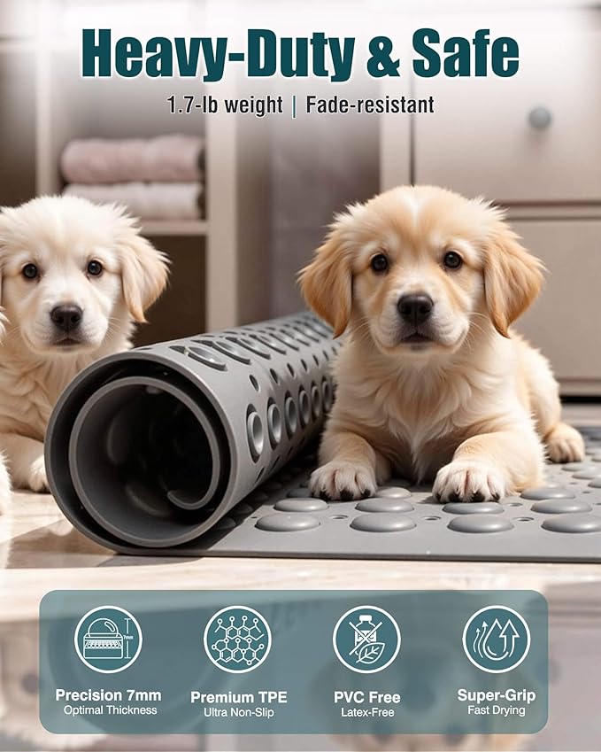 7mm Extra Thick TPE Bath Mat, Non-Slip Shower Mat for Bathroom and Tub, 28x16 Inch with Drainage Holes and Stability Grip, Machine Washable, Mist Pine Gray