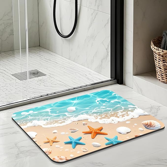 Quick Dry Bath Mat for Bathroom,Super Absorbent Beach Seashell Bath Rug Non-Slip Rubber Backing,Machine Washable Bathroom Floor Mat for Shower, Tub, Sink Area Ocean Blue 16x24