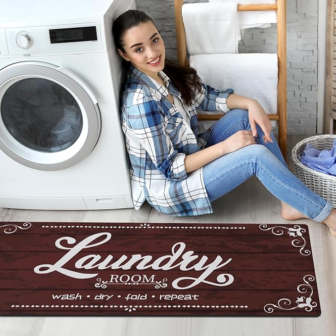 XLHOMO Laundry Room Rug Runner, 17.7"x45" Non Slip Burgundy Red Laundry Rugs, Farmhouse Washable Floor Laundry Mats for Laundry Room, Mudroom, Kitchen, Washroom, Bathroom, Hallway Entryway Rugs Decor