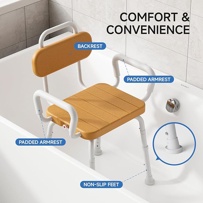 Loyoda 360° Swivel Shower Chair with Removable Arms, Adjustable Height Rotating Shower Stool for Inside Shower for Seniors and Disabled，Swivel Bath Chair for Inside Tub，Brown