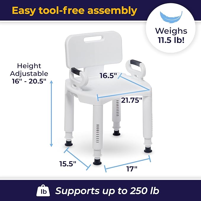 Drive Medical Bathroom Bench with Back & Arms - Adjustable Height - Suction Tip Legs for Stability - Durable Plastic Seat - 350 Lb Capacity - White