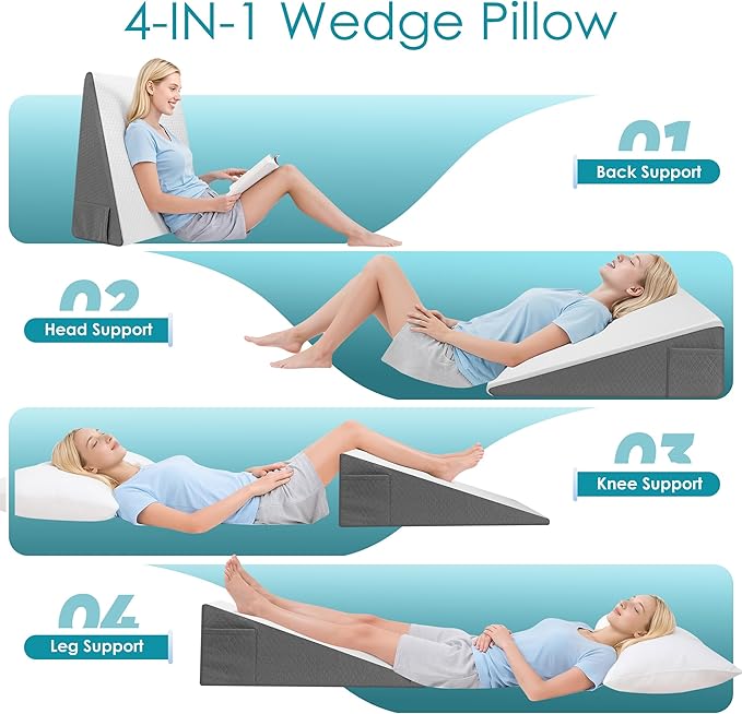 Sleeping Bed Wedge Pillow for Adults Seniors, 10 inch Cooling Memory Foam Incline Pillow Wedge for Head, Neck & Back Support and Leg Elevation, Removable Washable Cover, White