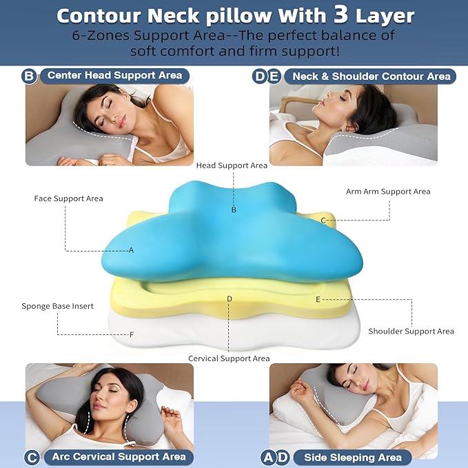 Cervical Neck Pillow for Sleeping, Adjustable Ergonomic Pillow, Contour Neck Support Side Sleeper Pillows for Adults, Memory Foam Bed Pillow for Neck and Shoulder Pain Relief, Back,Stomach Sleeper