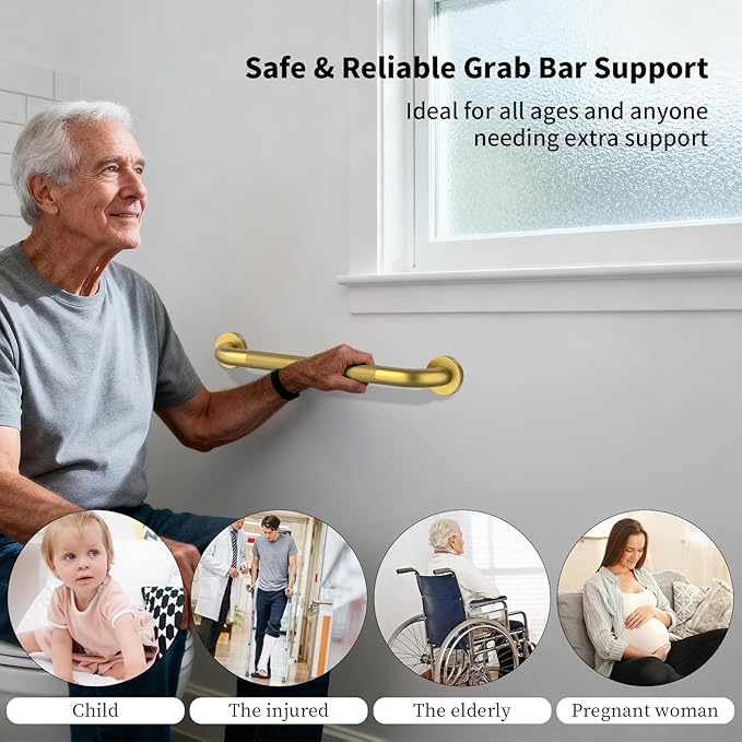 Shower Grab Bar 20 Inch, iHansee Brushed Gold Bathroom Grab Bar w/Anti-Slip Knurled Grip, Stainless Steel Bath Safety Bars Support Handrail for Senior Elderly, Toilet Bathtub Balance Handle for Wall