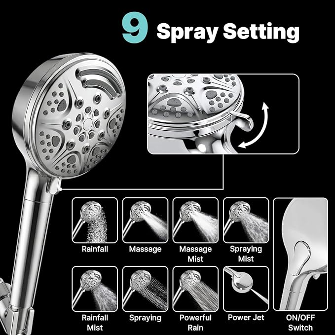 9-Mode Shower Head with Handheld Filtered Shower Head with Handheld High Pressure Shower Heads with Power Wash with 59" Stainless Steel Hose and Bracket for Bathroom, Gym, Hotel