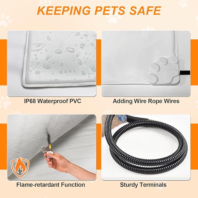 GOLOPET Cat Heating Pad 18×18 in Dog Heated Bed Smart Temperature Control Switch, Metal Protective Pipe Waterproof Cat Beds for Indoor Cats with a Plush Cotton Cover