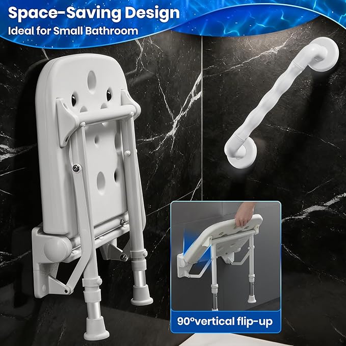 Wall Mounted Shower Seats with Bathroom Grab Bar(FSÄ/HSÄ), Support 550lbs, Adjustable Height Fold Down Shower Seat Wall Mounted Folding Shower Bench for Elderly-Adults-Pregnants-Seniors-Disabled