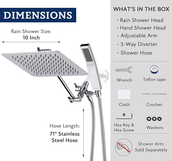 G-Promise All Metal 10" Dual Square Shower Head Combo | Rain Shower Head | Handheld Shower Wand | Adjustable | Smooth 3-Way Diverter | 71" Extra Long Hose - A Bathroom Upgrade (Chrome)