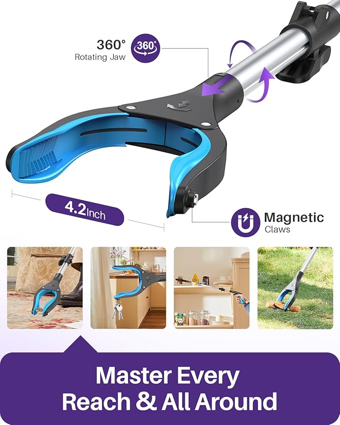 KEKOY Pro 40-inch Reacher Grabber Pickup Tool 2 Pack, Foldable Grabbers for Seniors Heavy Duty Pick Up Trash Stick with Anti-Slip 360° Rotating Jaw, 4" Wide Extended Weed Gripper Claw with Magnet